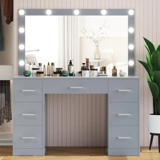 Vanity Desk, Lighted Mirror, 3 Color Lighting Modes, Dressing Table with Drawers