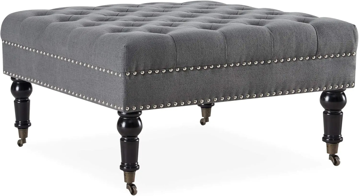 Modern 34 Inch Square Linen Ottoman with Caster Wheels