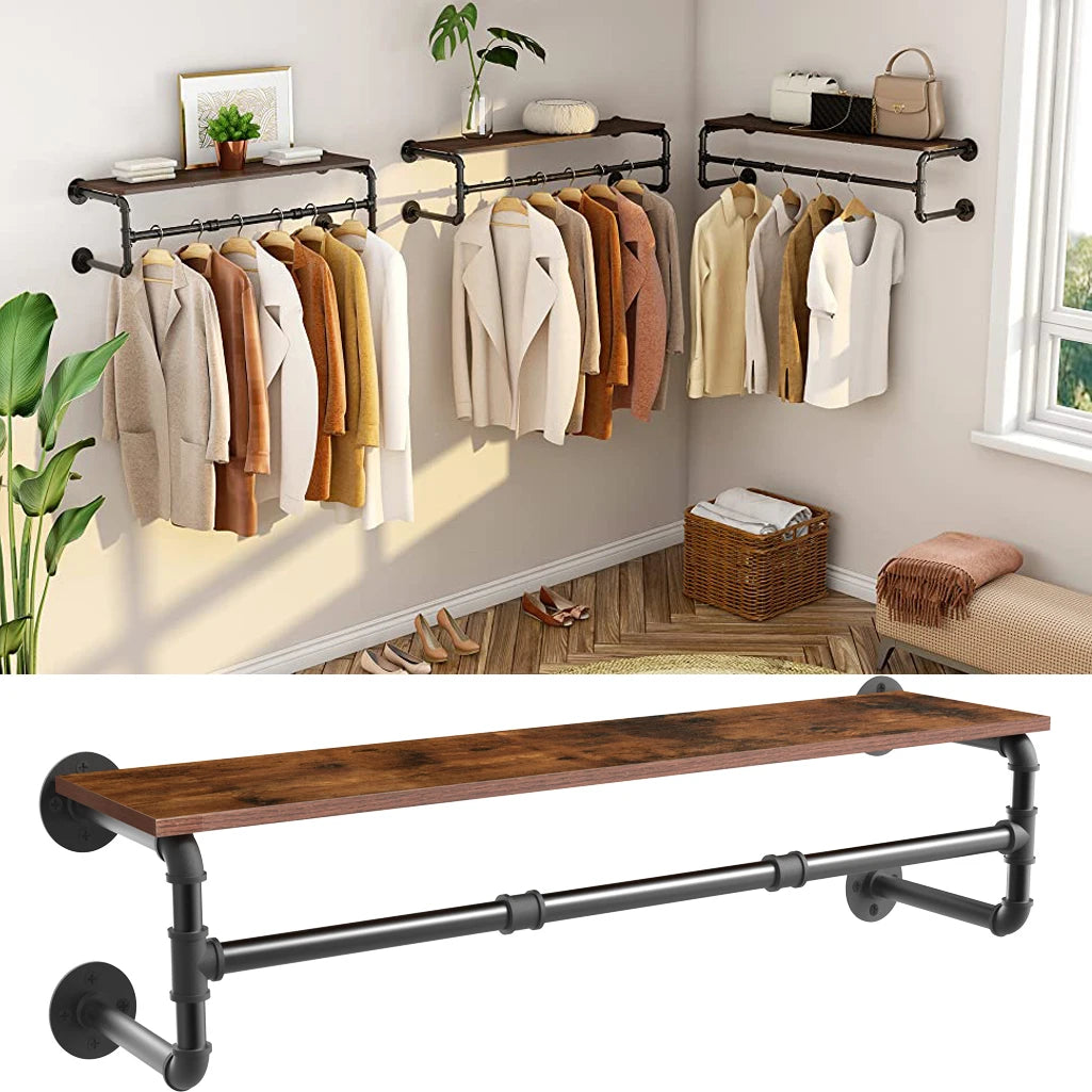 Industrial Pipe Clothes Rack with Top Shelf