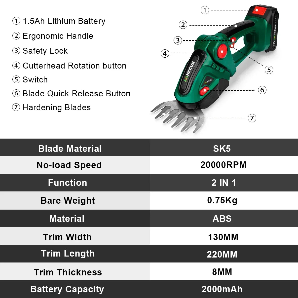 Hecus 2 IN 1 Cordless Electric Hedge Trimmer