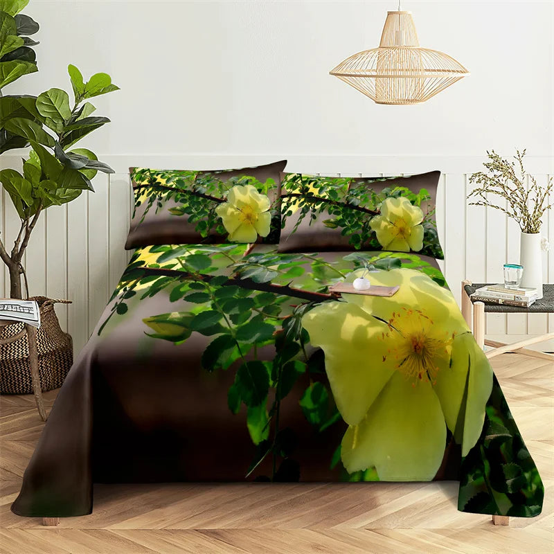 Green Leaf Rose Queen Sheet and Pillowcases Set